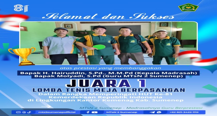 Kepala dan Guru MTsN 2 Sumenep Sabet Juara 1 Lomba Tenis Meja Berpasangan Kemenag Sumenep