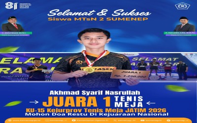 MTsN 2 Sumenep Bangga, Siswa Akhmad Syarif Nasrullah Raih Juara 1 Tenis Meja Kejurprov Jatim 2026