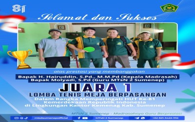 Kepala dan Guru MTsN 2 Sumenep Sabet Juara 1 Lomba Tenis Meja Berpasangan Kemenag Sumenep